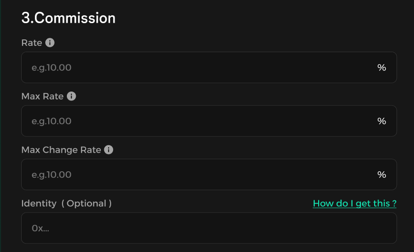 Validator creation form showing commission rate settings